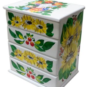 Скринька комод,"Українка зі соняшниками", біла, розписано вручну, масив дерева (22,5х15х26 см)