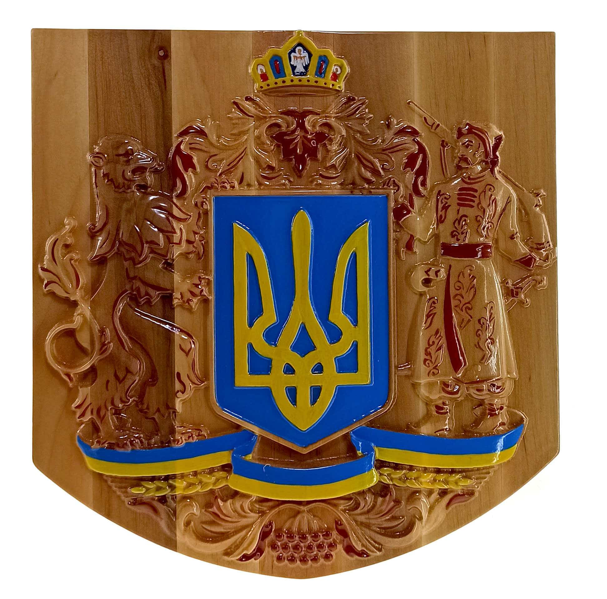 Панно "Герб України" дерев'яне різьблене (вільха), розписане вручну (28х29х1, 5 см)