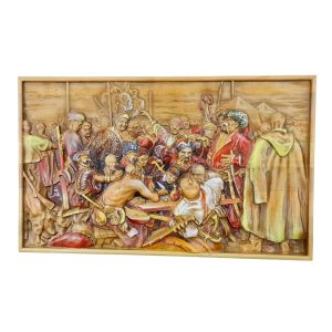 Панно "Козаки пишуть лист турецькому султану" масив дерева,різьблене,розписане вручну (48,5х29х2,4см)