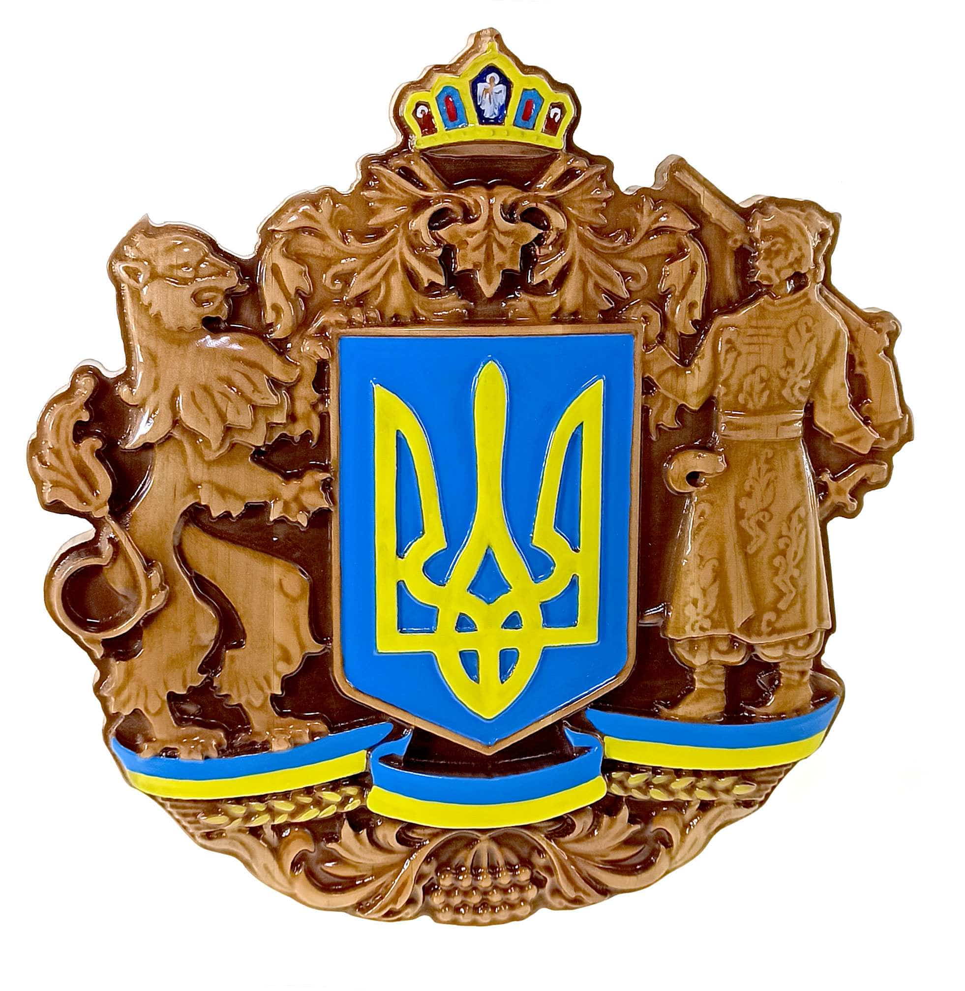 Панно "Великий герб України" (28 * 28 * 2,4), з натурального дерева, різьблене, покрите патиною, лаком, емаллю