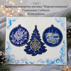 Крафтова новорічна листівка "Морозні візерунки" (200*150*8мм).Комплект 3 підвіски з аплікацією