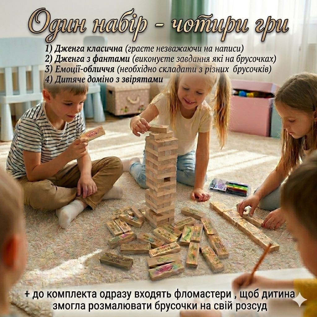 Гра настільна "Дженга 4в1: Башта, англійською мовою, дитяче доміно" (60 брусків) (28,5 х7х7 см) - Зображення 7