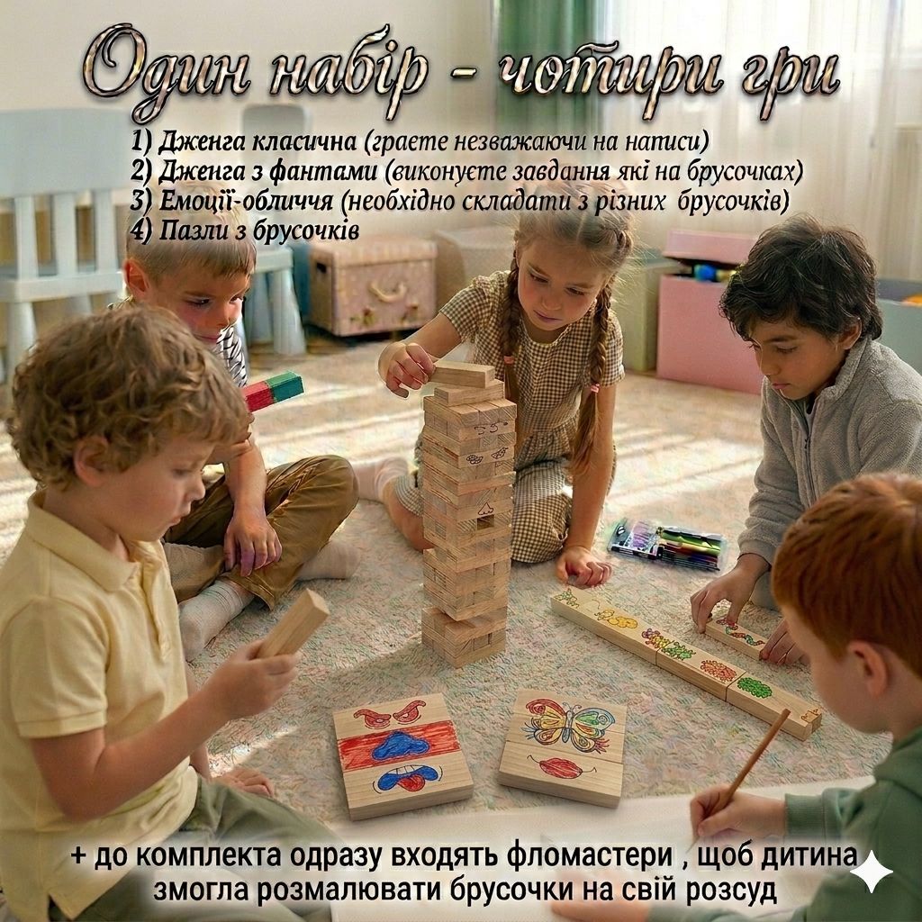 Гра настільна "Дженга 4в1:Вежа, фанти англійською мовою"(60 брусків +фломастери)(28,5х7х7 см)